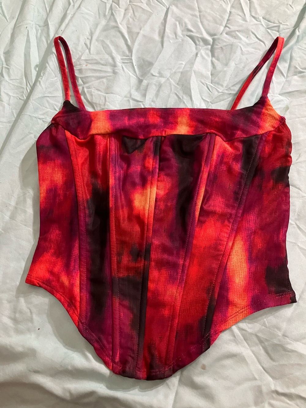 Women's Red Tie-Dye Corset Crop Top with Spaghetti Straps